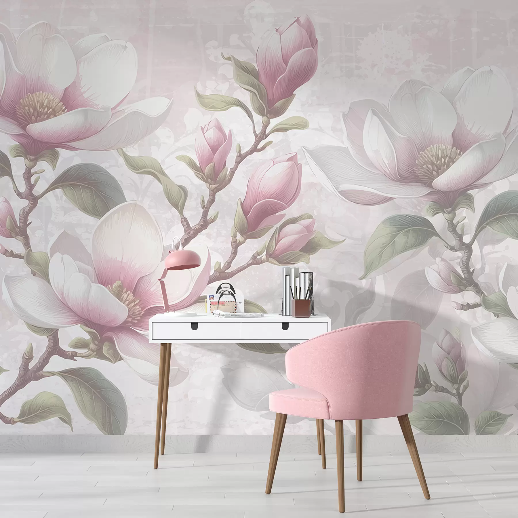 wall murals Delicate pink magnolia flowers in full bloom against a soft, blurred background w08216