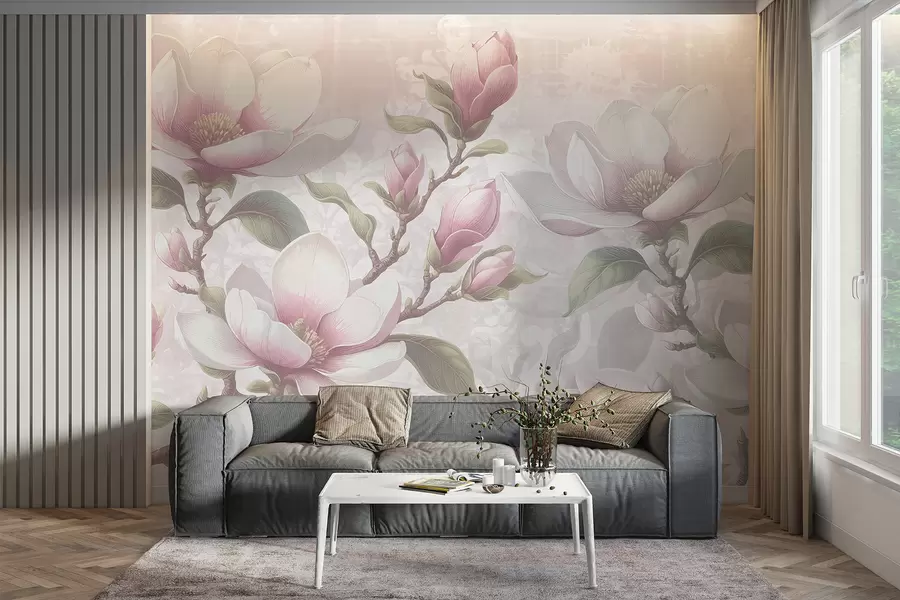 wall murals Delicate pink magnolia flowers in full bloom against a soft, blurred background w08216