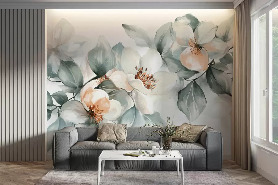 wall murals Delicate white and pink magnolia flowers with soft green leaves against a light background w08220