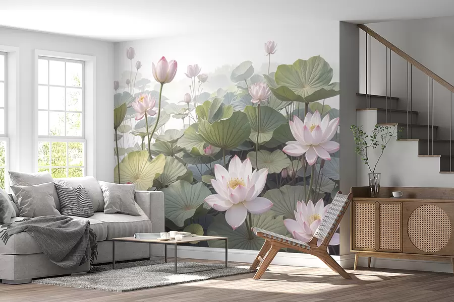 wall murals Pink and white lotus flowers with large green leaves, surrounded by a misty, atmospheric background w08221