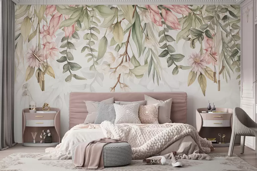 wall murals Delicate pink and white flowers with green leaves and stems against a light background w08222