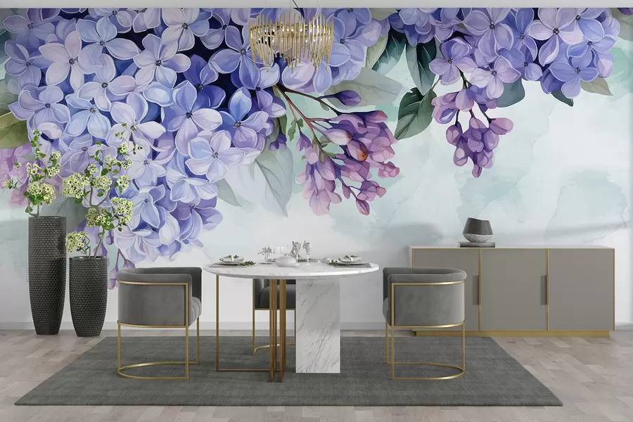wall murals Vibrant purple hydrangea flowers with green leaves, filling the frame against a soft, blurred background w08223