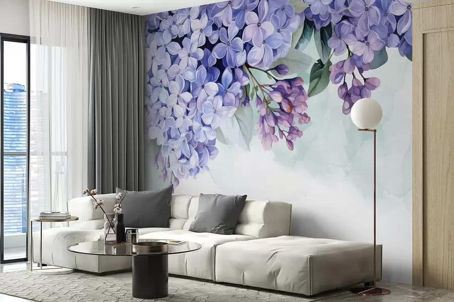 wall murals Vibrant purple hydrangea flowers with green leaves, filling the frame against a soft, blurred background w08223