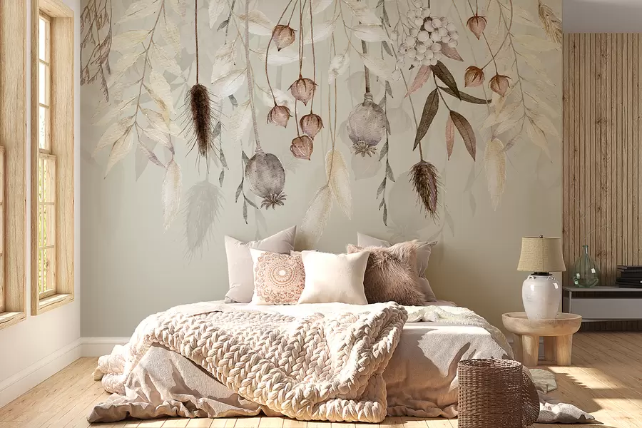 wall murals Delicate floral arrangement with dried flowers, leaves, and feathers hanging against a soft background w08230