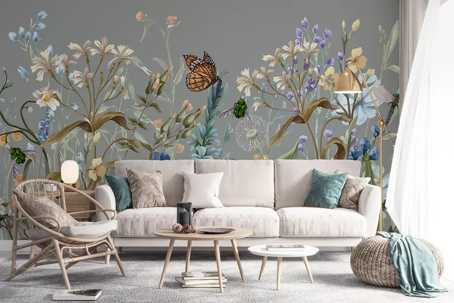 wall murals A colorful blue illustration of a lush, flower garden scene with insects in a dreamlike, fantastical style w08234