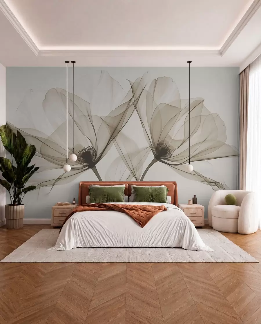 wall murals Blue transparent flower in X-ray style on white background Minimalistic monochrome botanical design w01482v1
