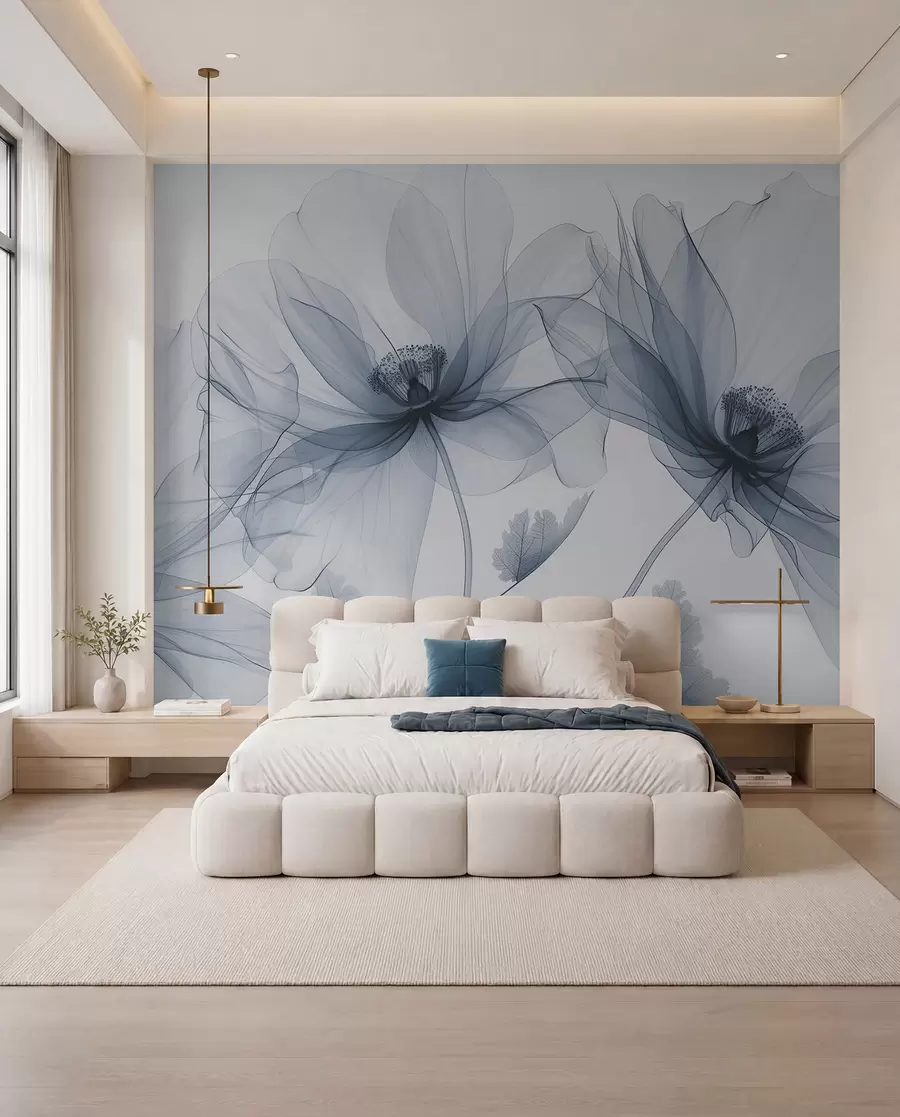 wall murals Blue transparent flower in X-ray style on white background Minimalistic monochrome botanical design w01482v1