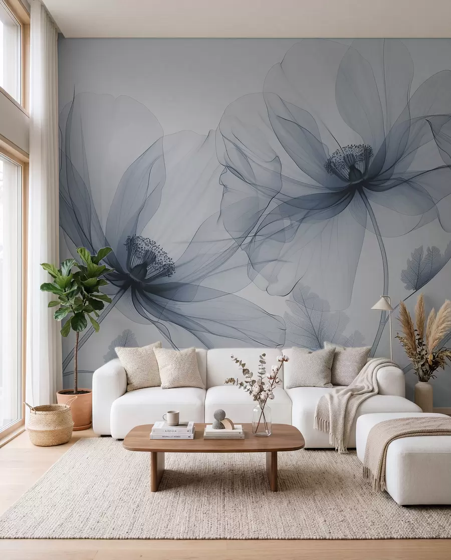 wall murals Blue transparent flower in X-ray style on white background Minimalistic monochrome botanical design w01482v1