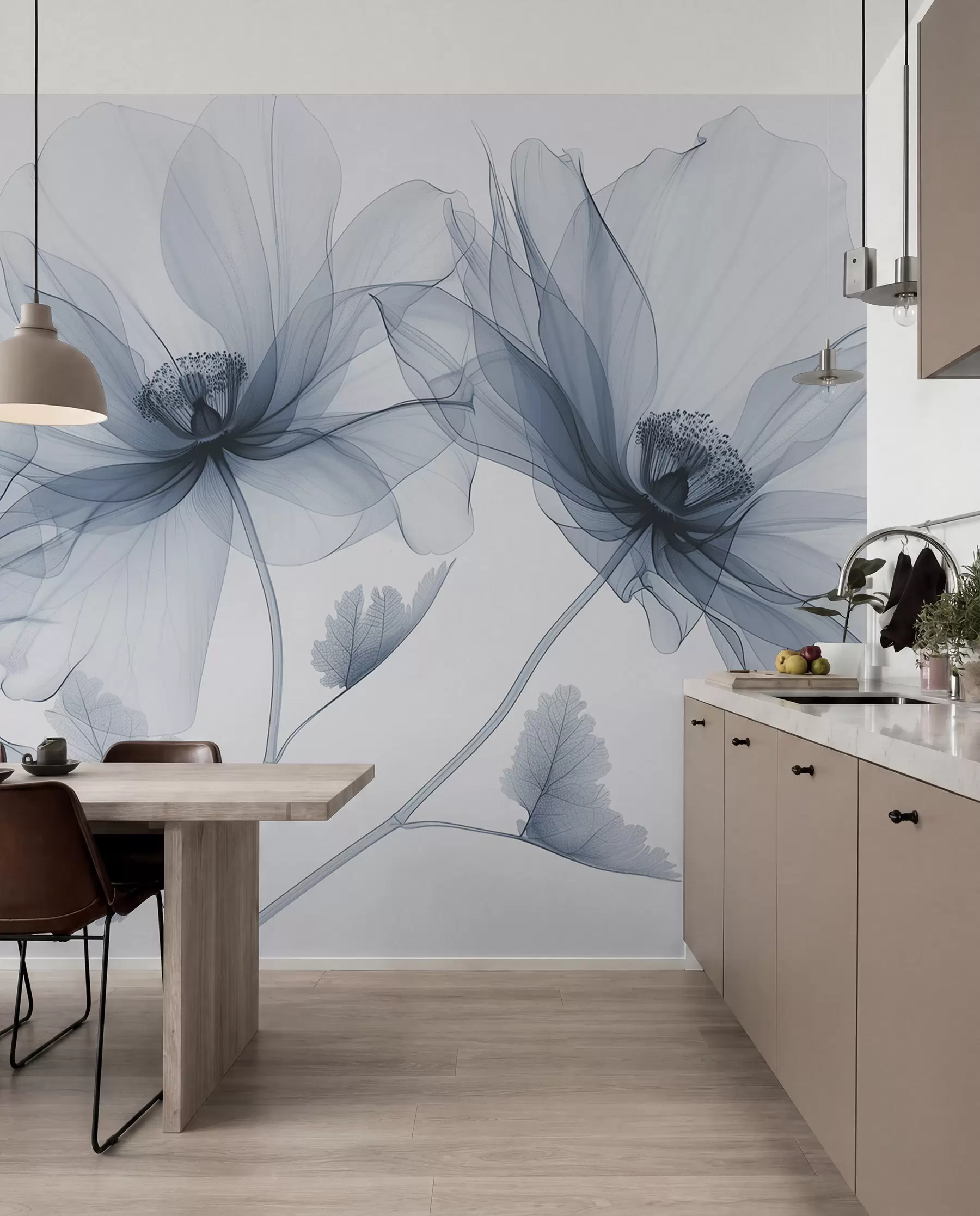 wall murals Blue transparent flower in X-ray style on white background Minimalistic monochrome botanical design w01482v1