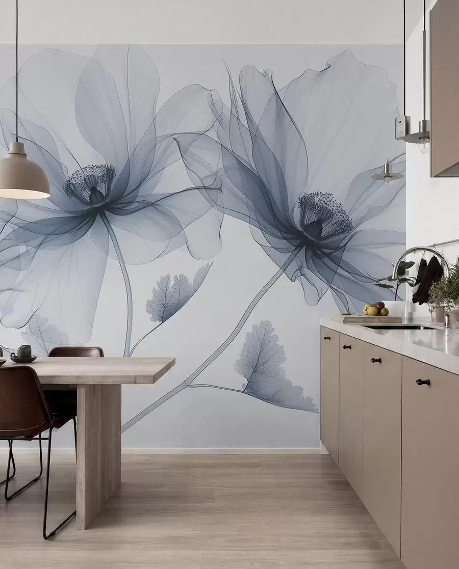 wall murals Blue transparent flower in X-ray style on white background Minimalistic monochrome botanical design w01482v1