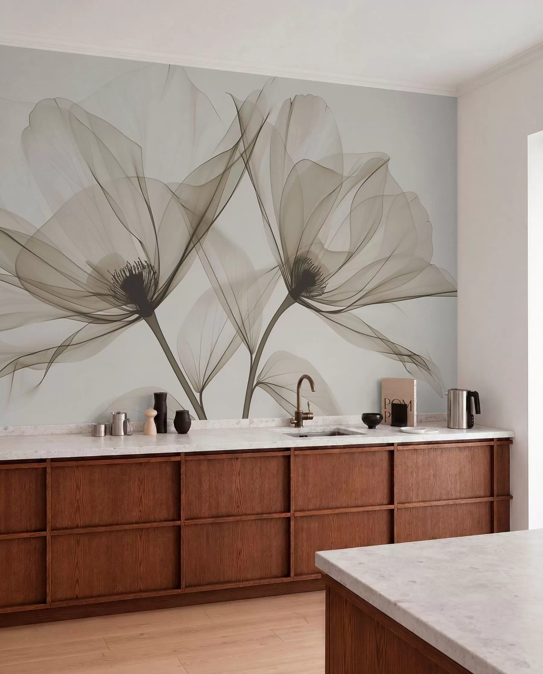 wall murals Blue transparent flower in X-ray style on white background Minimalistic monochrome botanical design w01482v1