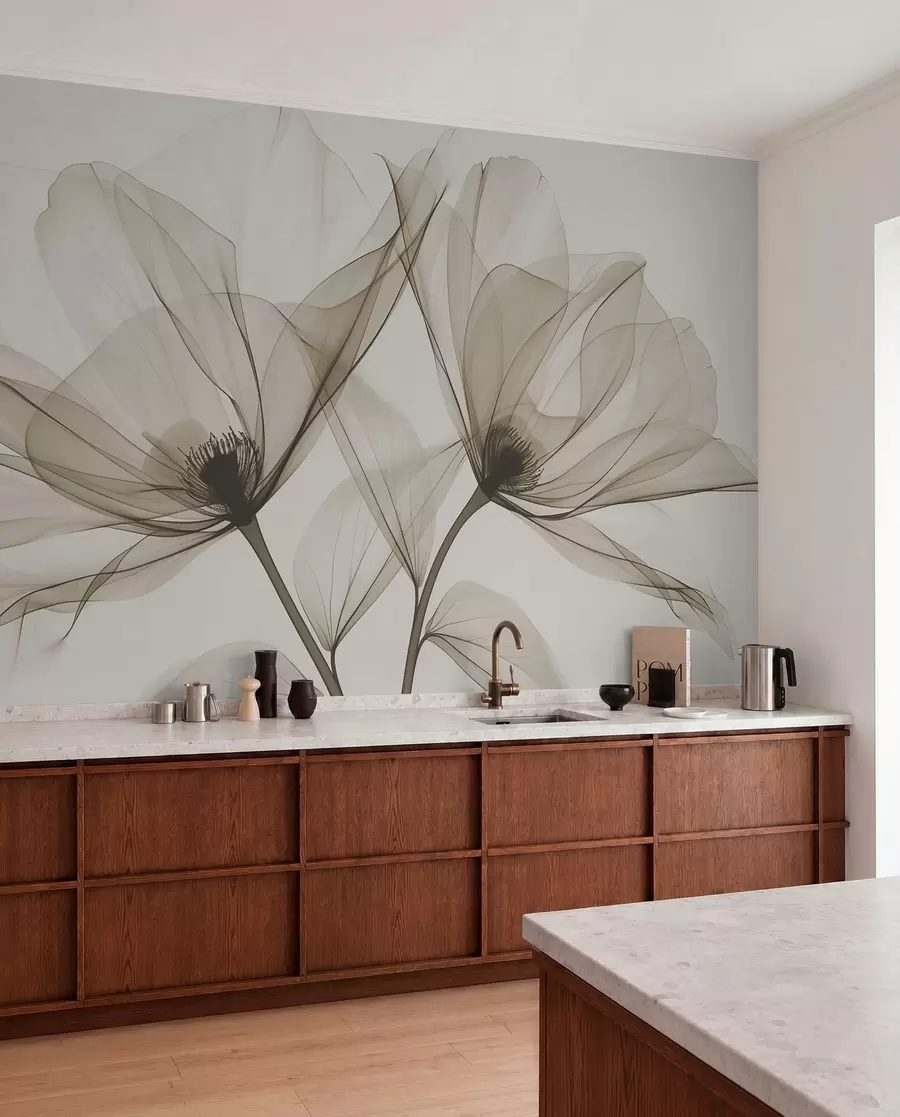 wall murals Blue transparent flower in X-ray style on white background Minimalistic monochrome botanical design w01482v1