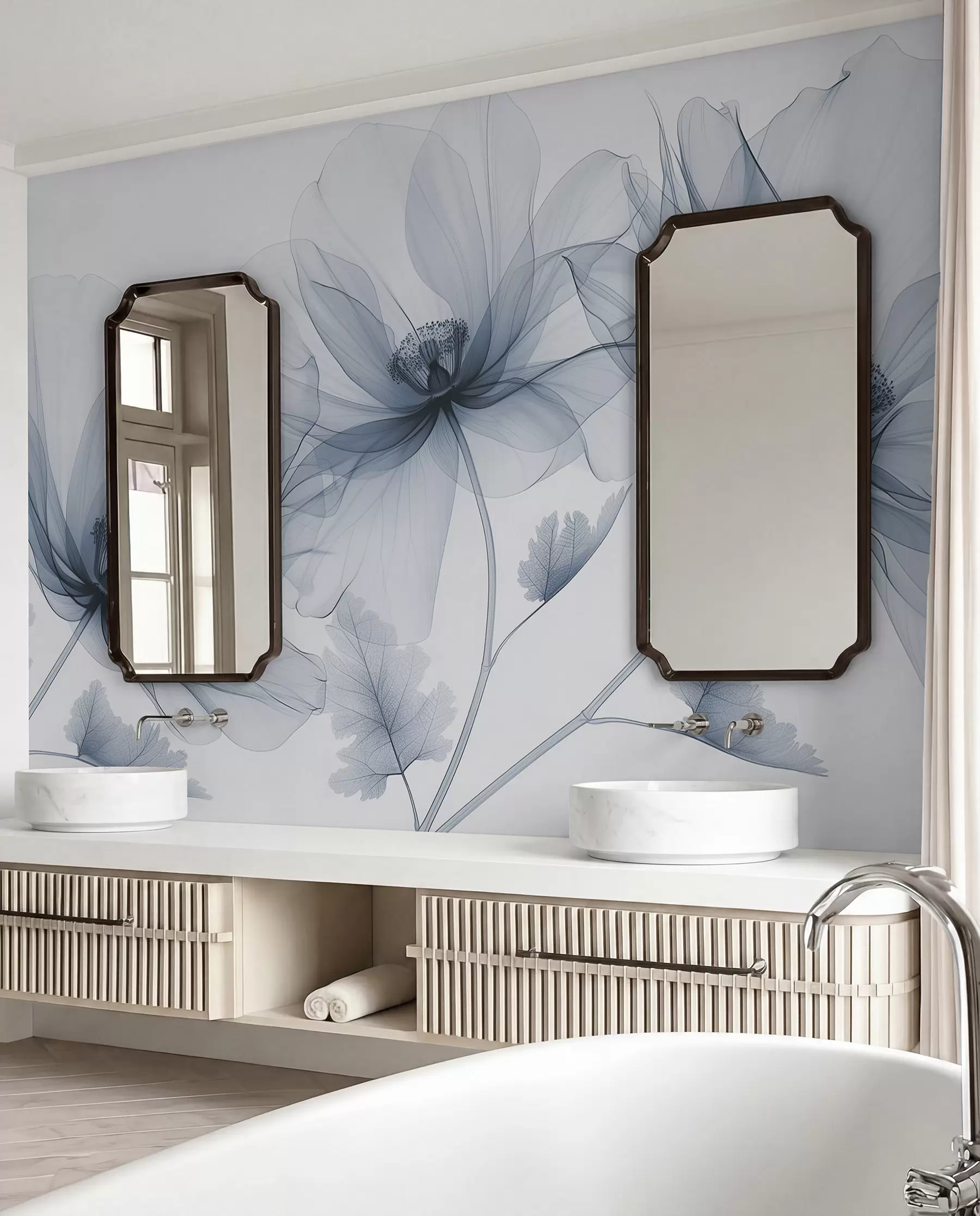 wall murals Blue transparent flower in X-ray style on white background Minimalistic monochrome botanical design w01482v1