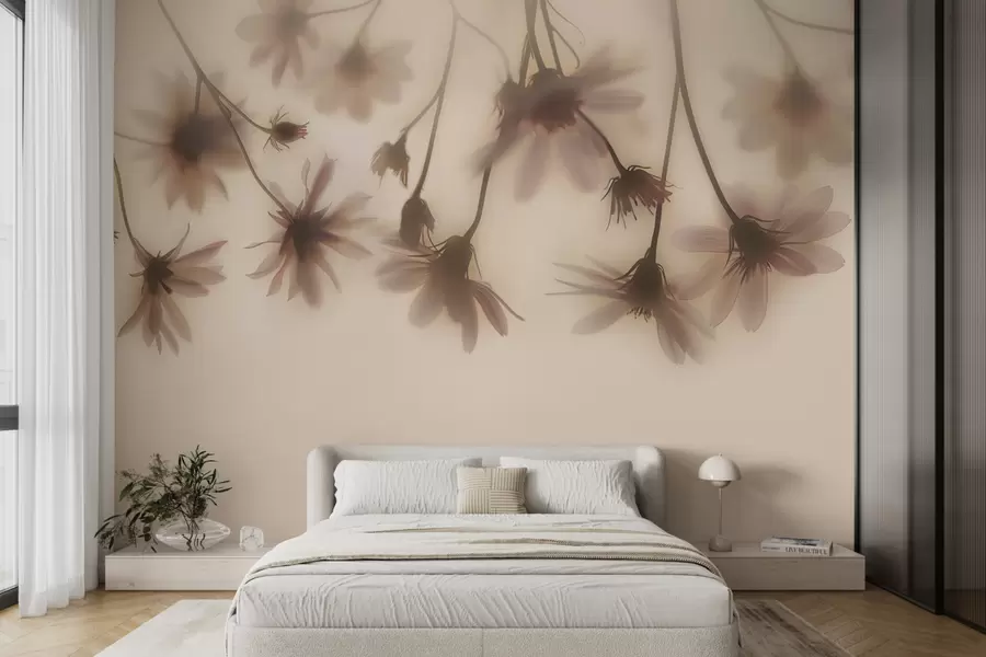 wall murals Delicate flowers in the fog hanging from above in pink colors w01469