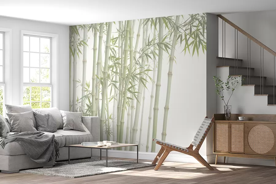 wall murals A dense bamboo forest with tall bamboo stalks and green leaves against a soft, hazy background w08237