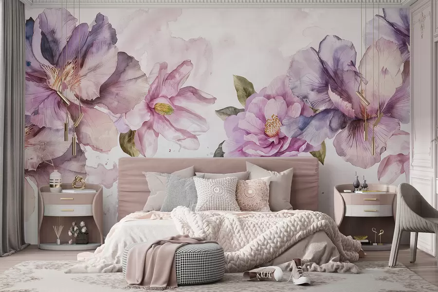 wall murals Delicate pink and purple watercolor flowers with soft petals and green leaves against a light background w08238