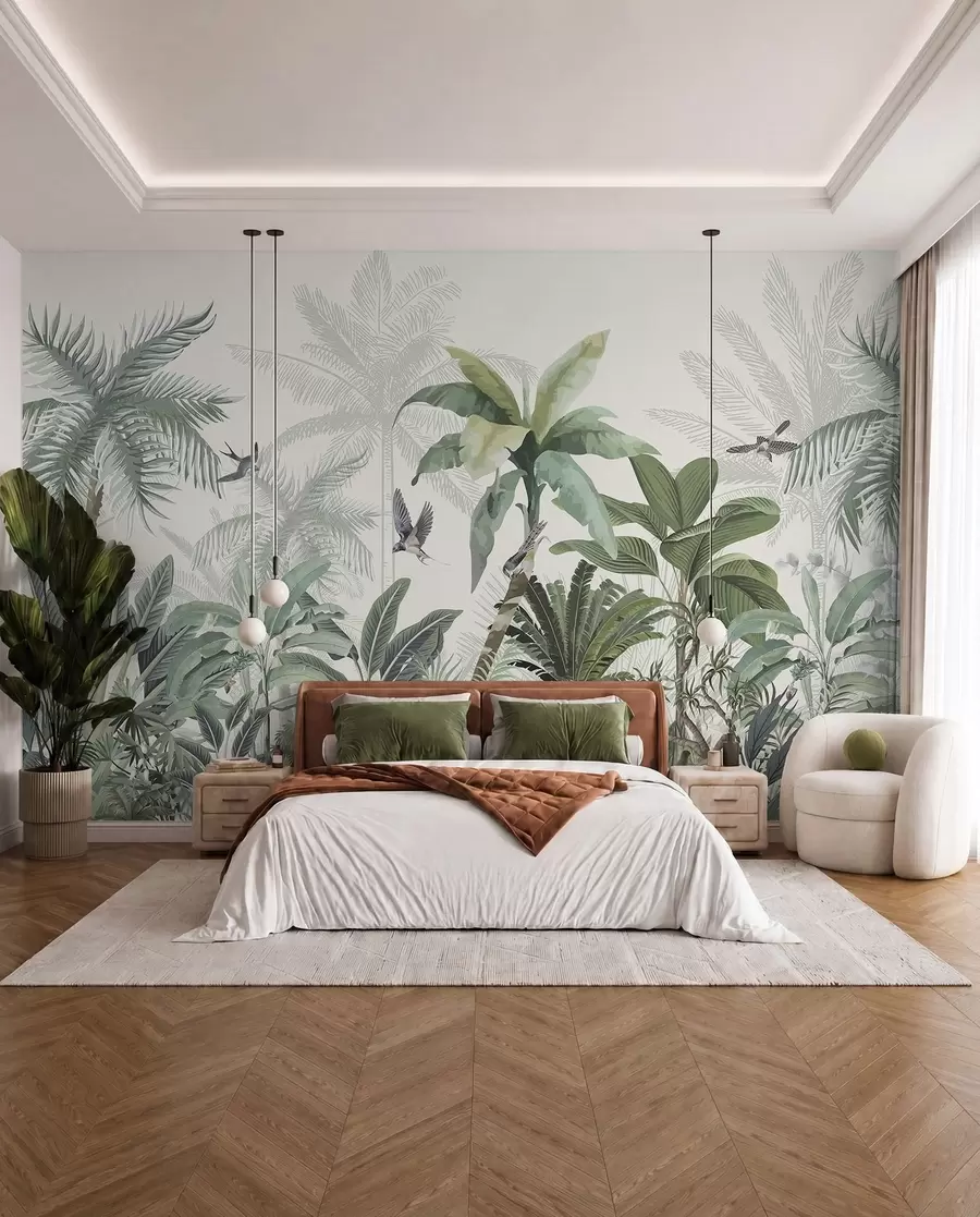 wall murals A lush tropical jungle scene with various palm trees, large leaves, and colorful flowers in the foreground w08239