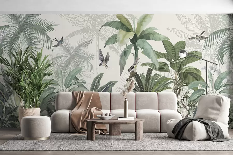 wall murals A lush tropical jungle scene with various palm trees, large leaves, and colorful flowers in the foreground w08239