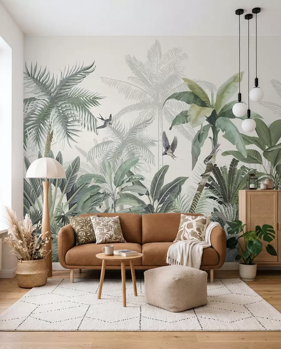 wall murals A lush tropical jungle scene with various palm trees, large leaves, and colorful flowers in the foreground w08239