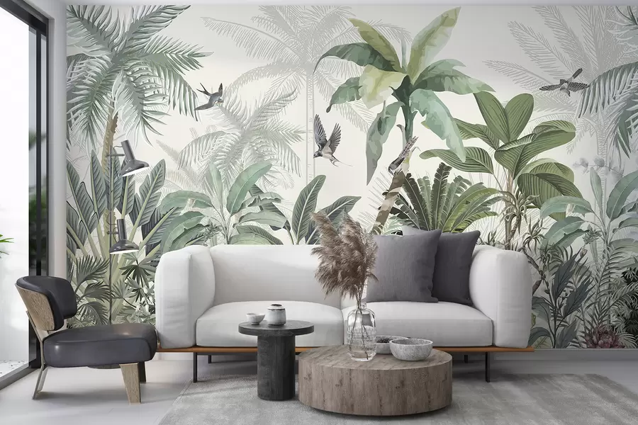 wall murals A lush tropical jungle scene with various palm trees, large leaves, and colorful flowers in the foreground w08239