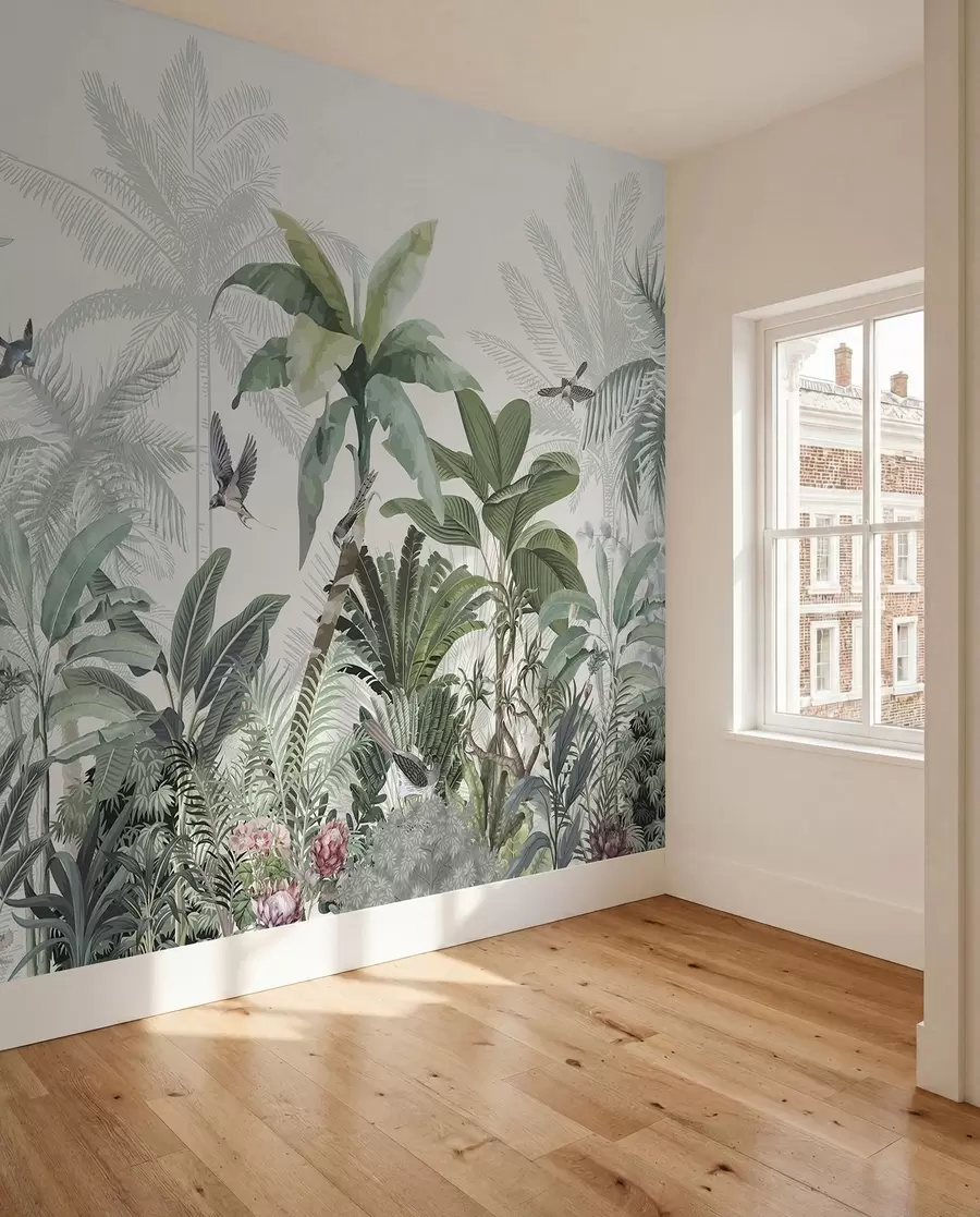 wall murals A lush tropical jungle scene with various palm trees, large leaves, and colorful flowers in the foreground w08239