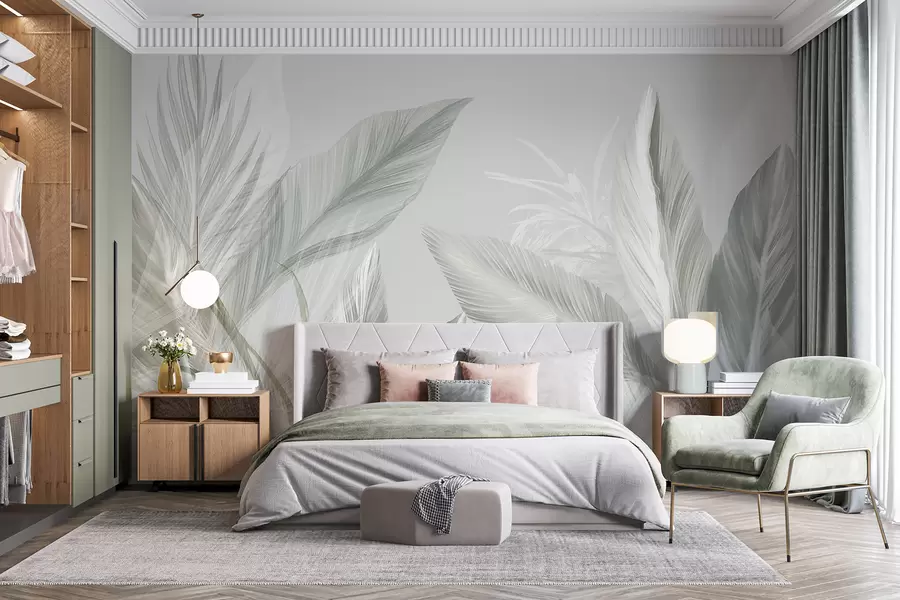 wall murals Soft white, green and gray feathers and tropical leaves floating against a light background w08241