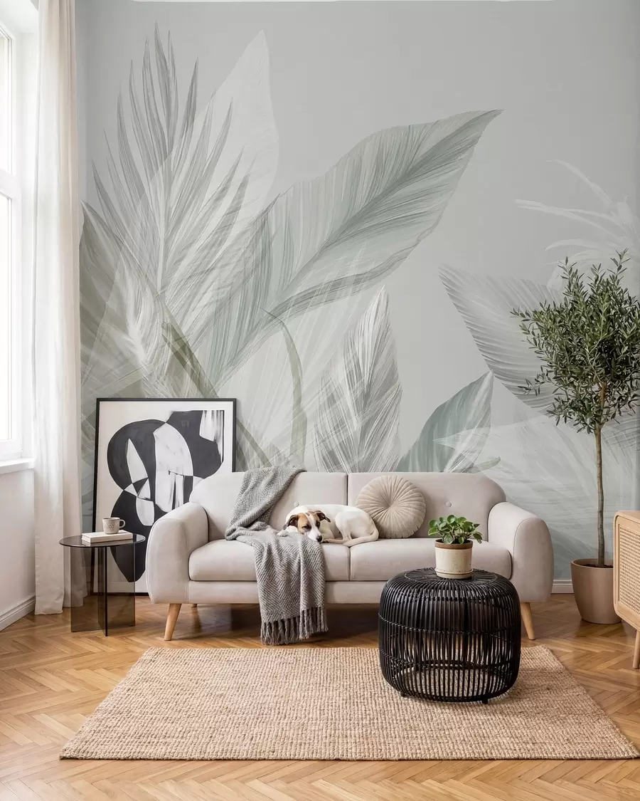 wall murals Soft white, green and gray feathers and tropical leaves floating against a light background w08241