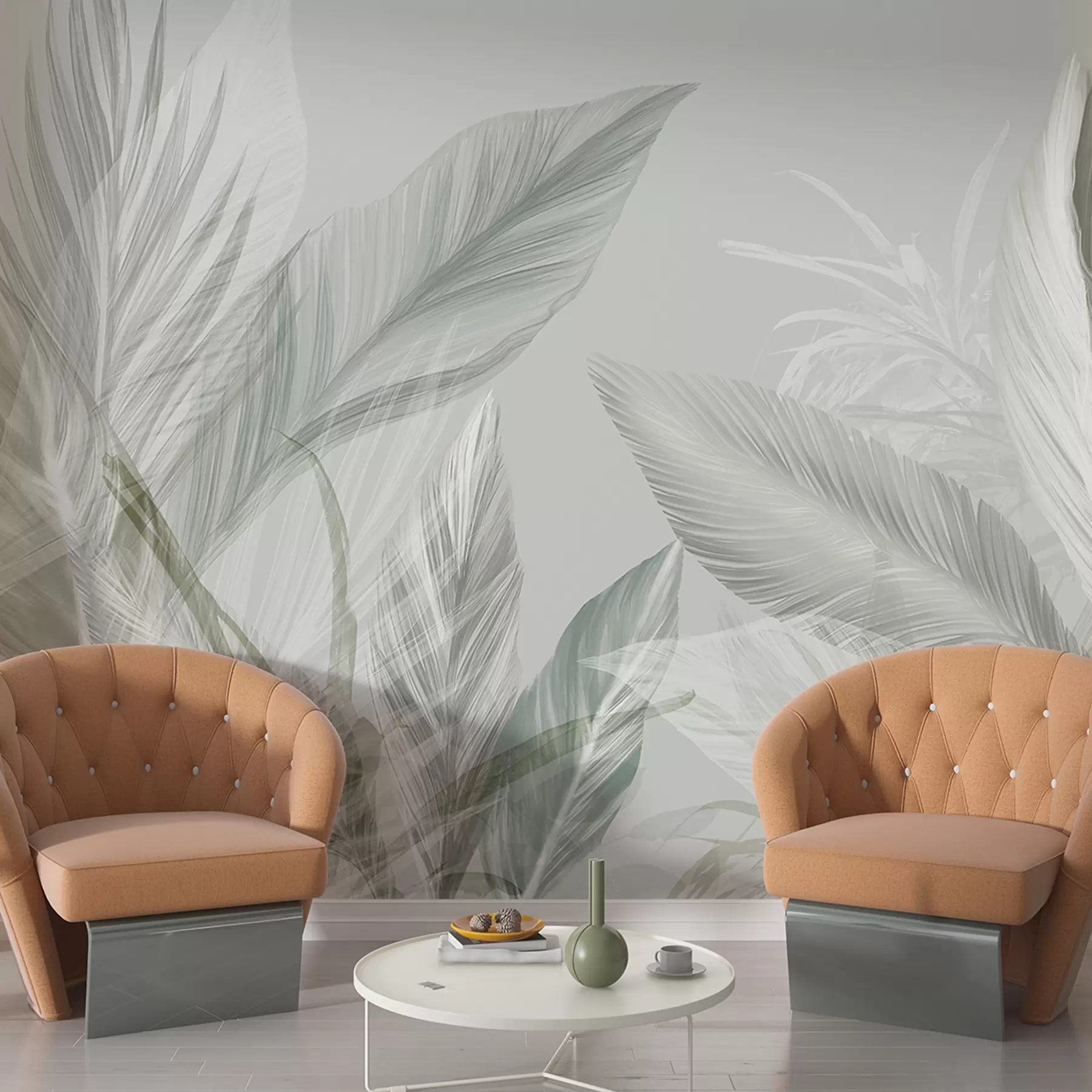 wall murals Soft white, green and gray feathers and tropical leaves floating against a light background w08241