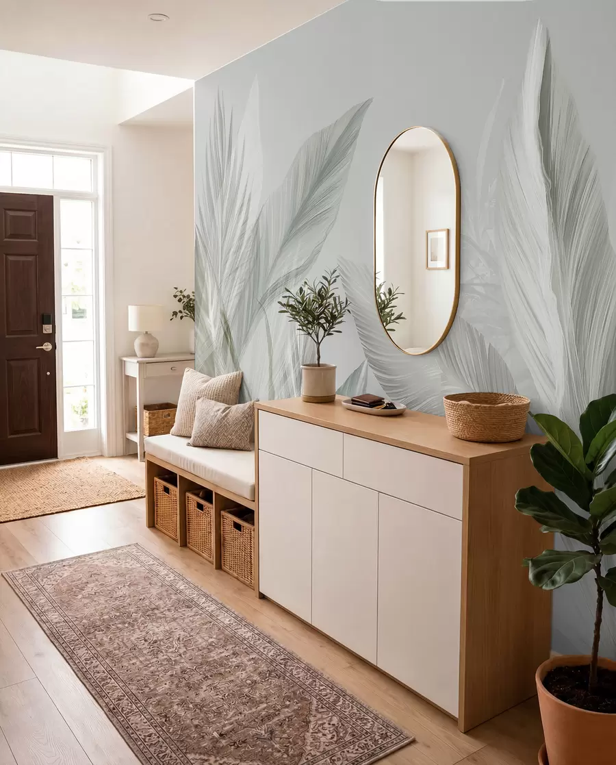 wall murals Soft white, green and gray feathers and tropical leaves floating against a light background w08241