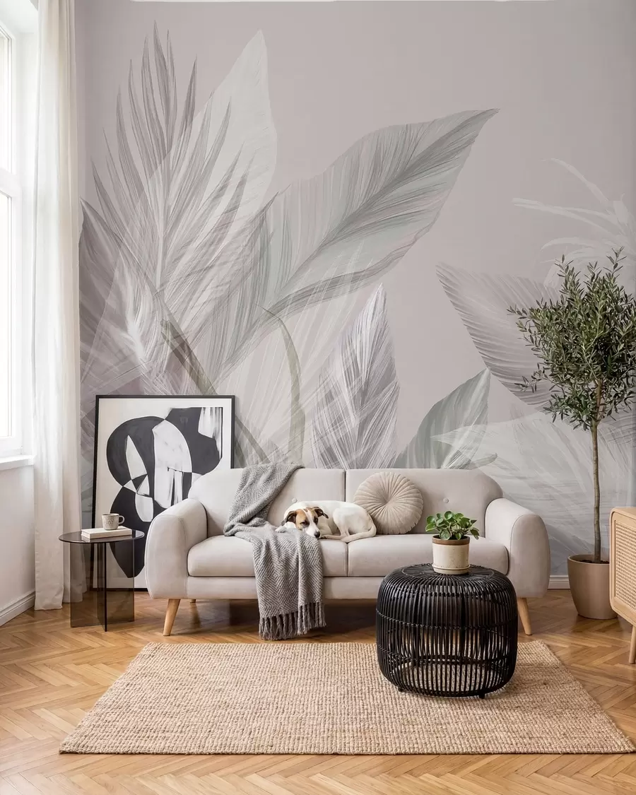 wall murals Soft white, pink and gray feathers and tropical leaves floating against a light background w08241v1