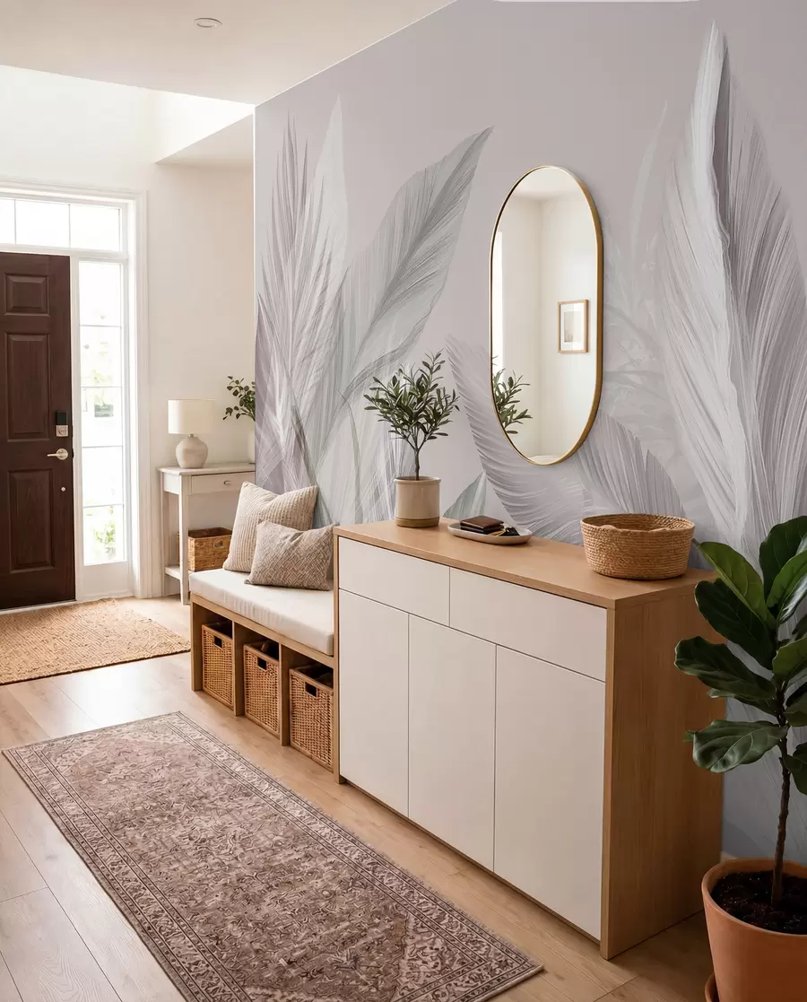 wall murals Soft white, pink and gray feathers and tropical leaves floating against a light background w08241v1