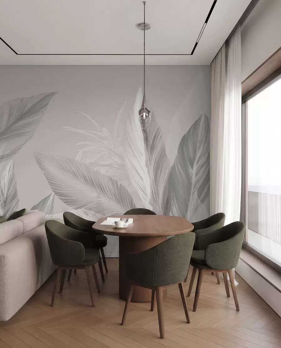 wall murals Soft white, pink and gray feathers and tropical leaves floating against a light background w08241v1