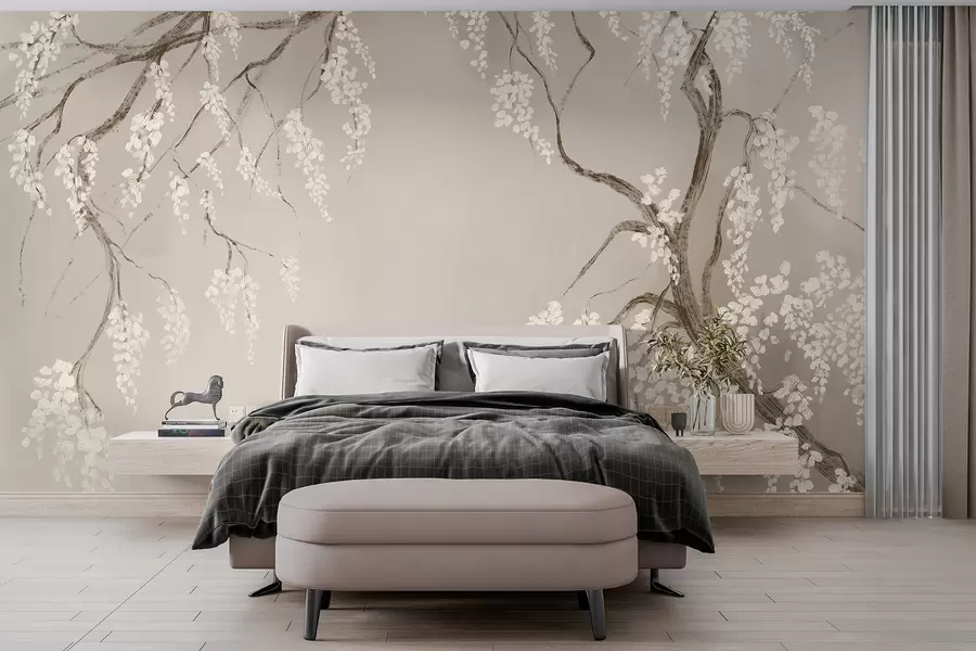 wall murals Delicate white cherry tree with blossom flowers blooming on branches against beige background w08243