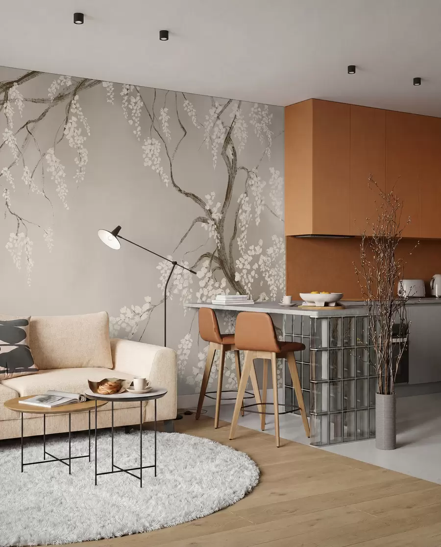 wall murals Delicate white cherry tree with blossom flowers blooming on branches against beige background w08243