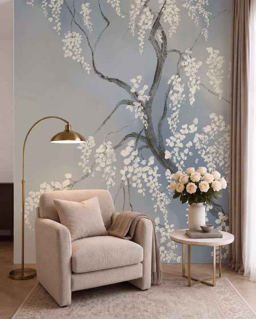 wall murals Delicate white cherry tree with blossom flowers blooming on branches against blue background w08243v1