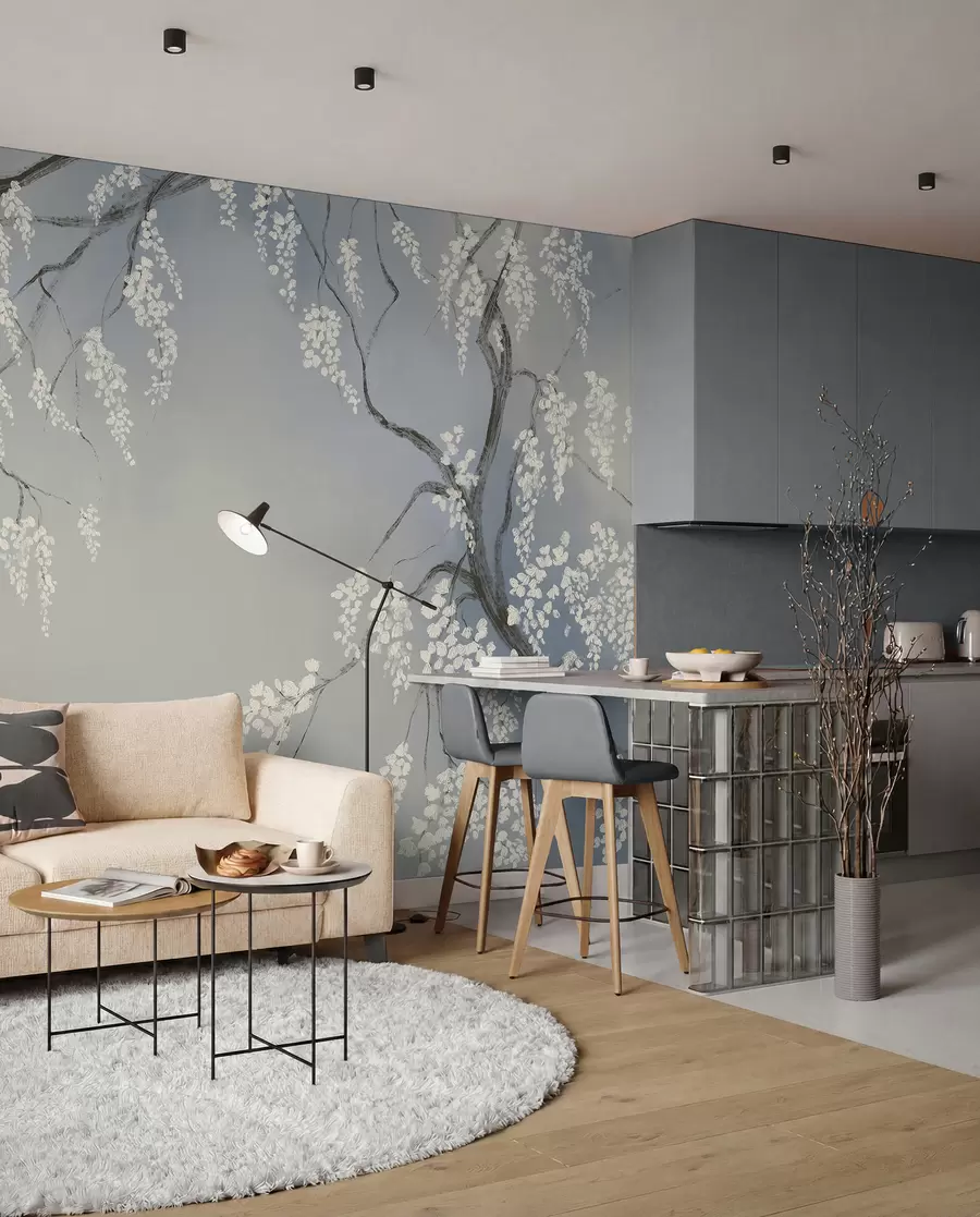 wall murals Delicate white cherry tree with blossom flowers blooming on branches against blue background w08243v1