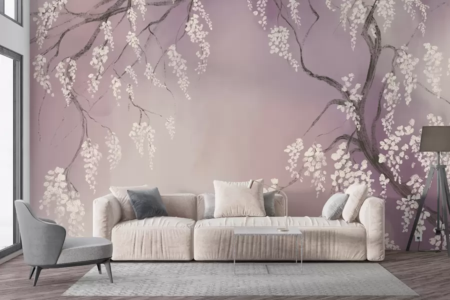 wall murals Delicate white cherry tree with blossom flowers blooming on branches against pink background w08243v2