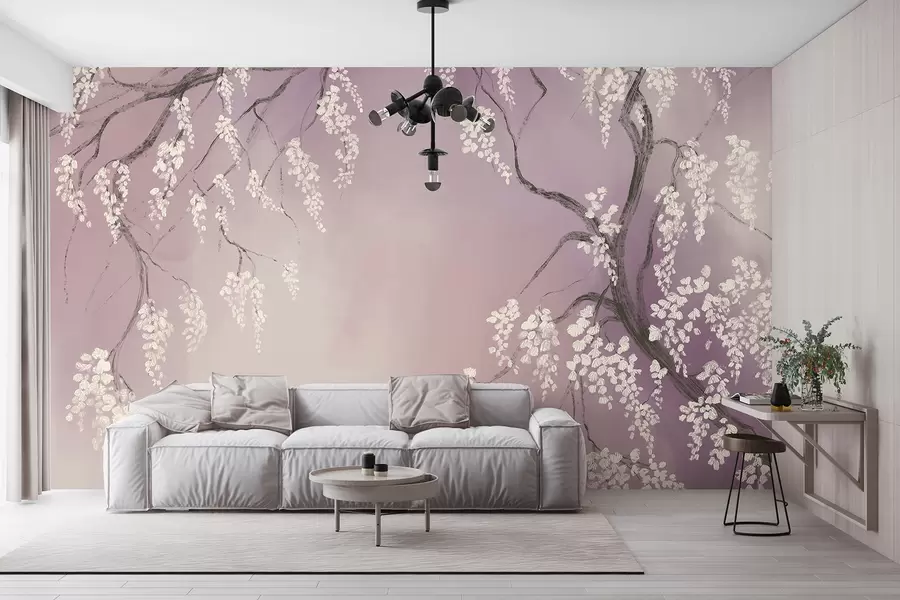 wall murals Delicate white cherry tree with blossom flowers blooming on branches against pink background w08243v2