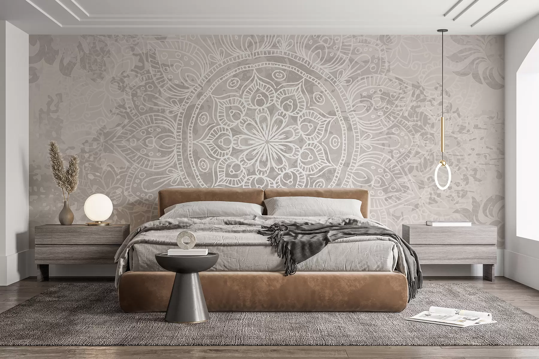 wall murals A detailed white mandala pattern on a light gray textured vintage background w08246