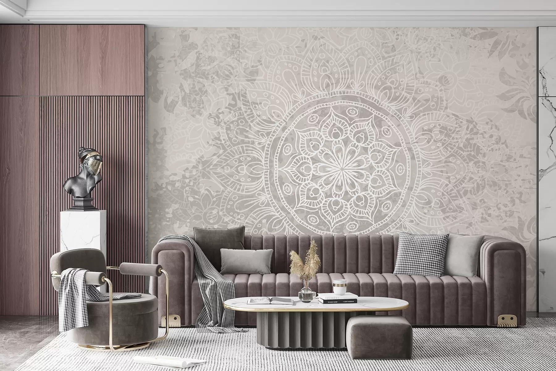 wall murals A detailed white mandala pattern on a light gray textured vintage background w08246