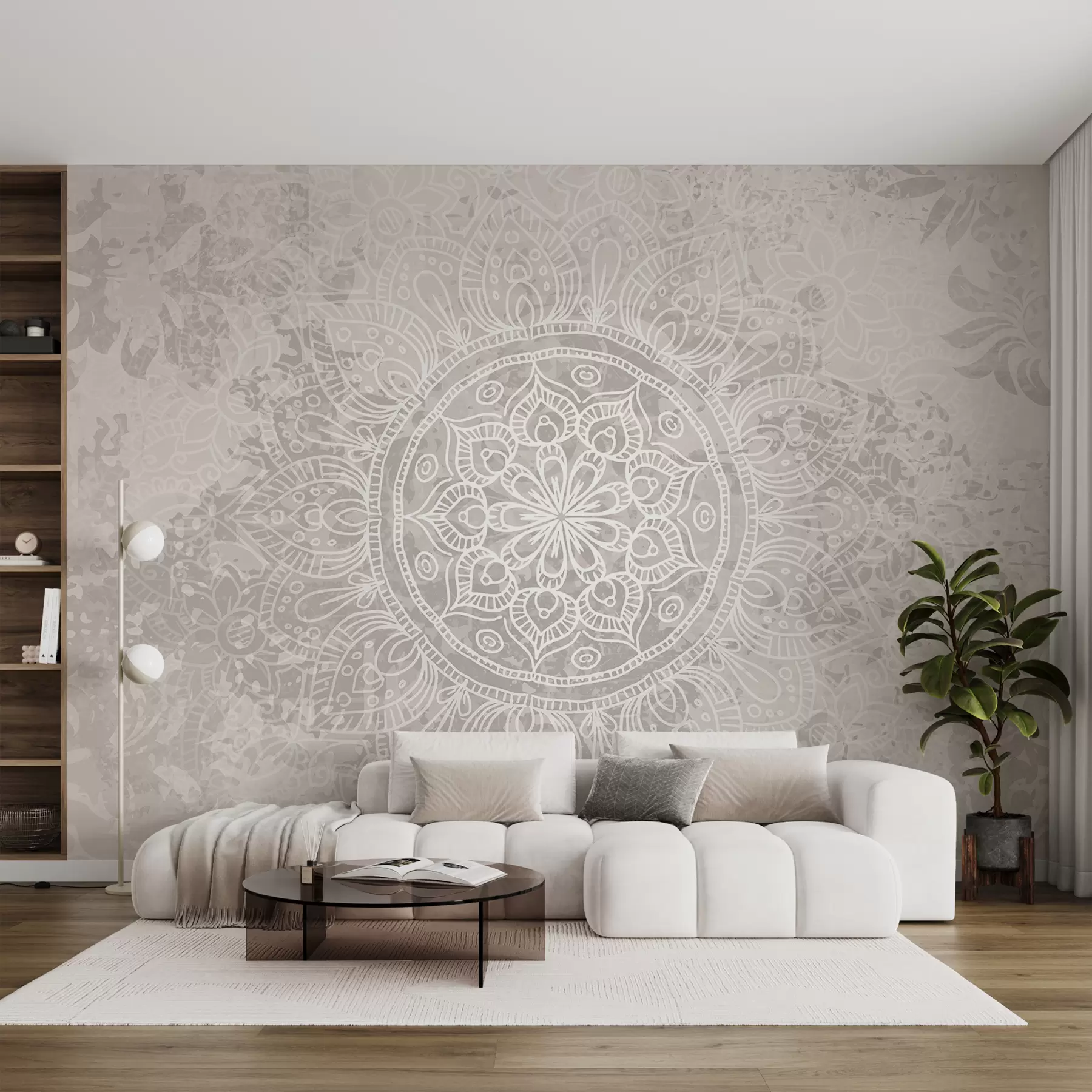 wall murals A detailed white mandala pattern on a light gray textured vintage background w08246