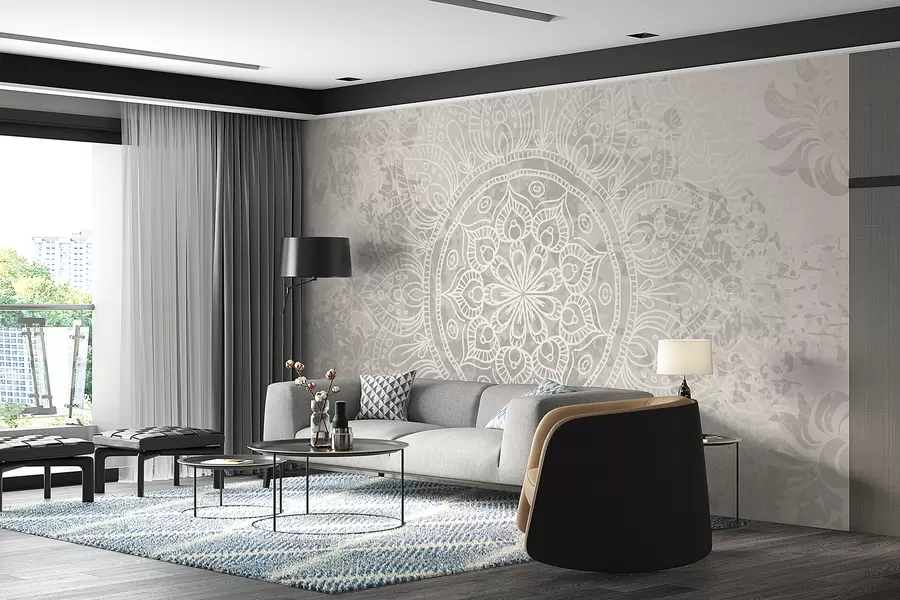 wall murals A detailed white mandala pattern on a light gray textured vintage background w08246