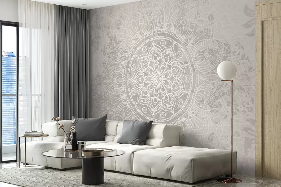 wall murals A detailed white mandala pattern on a light gray textured vintage background w08246