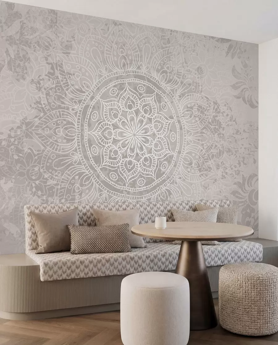 wall murals A detailed white mandala pattern on a light gray textured vintage background w08246