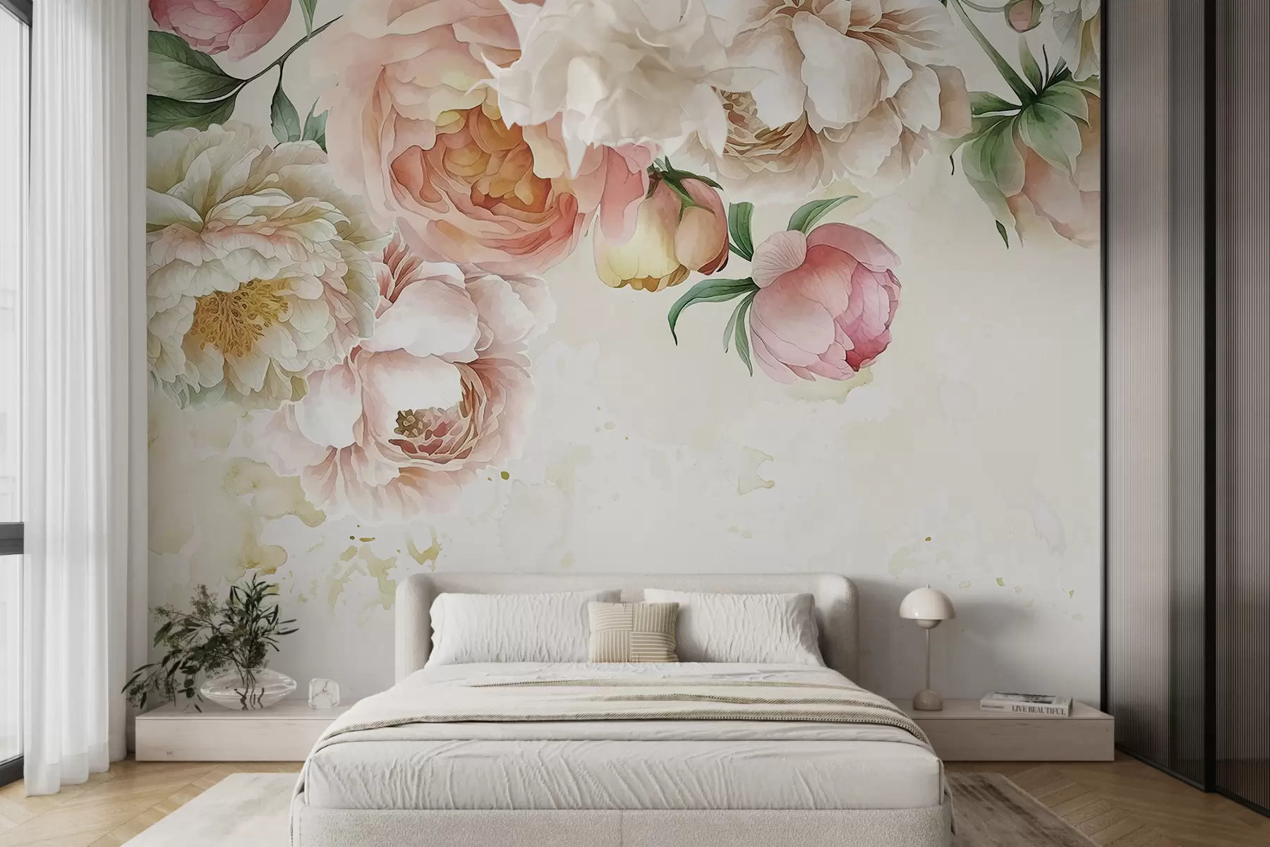 wall murals Delicate pink and white peonies with lush green leaves against a light watercolor background w08248
