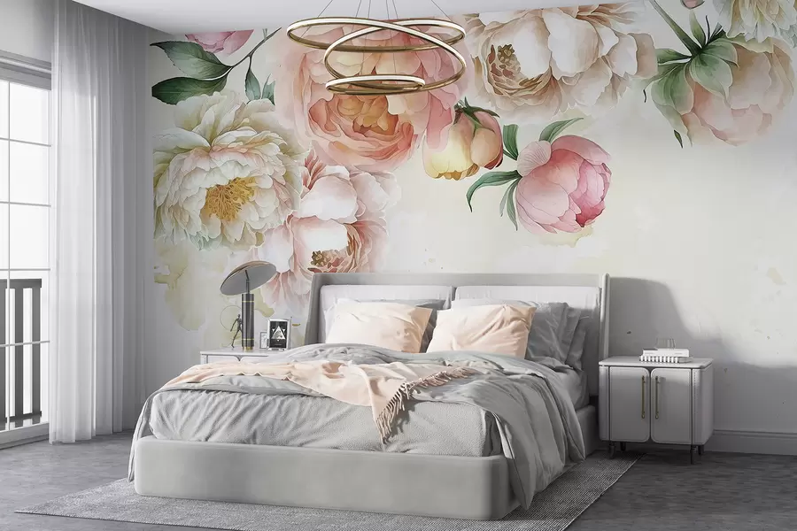 wall murals Delicate pink and white peonies with lush green leaves against a light watercolor background w08248