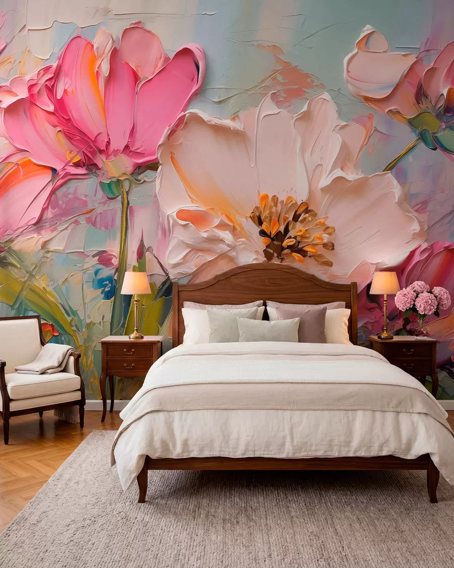 wall murals Bright pink flowers on a light blue gray background w01039