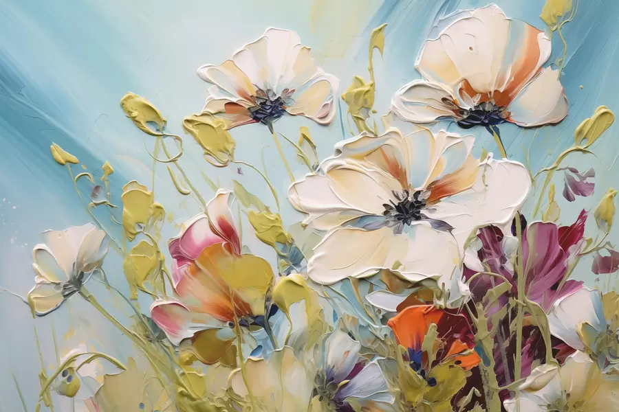 wall murals Abstract white poppies on blue background, imitation of paint strokes w01043