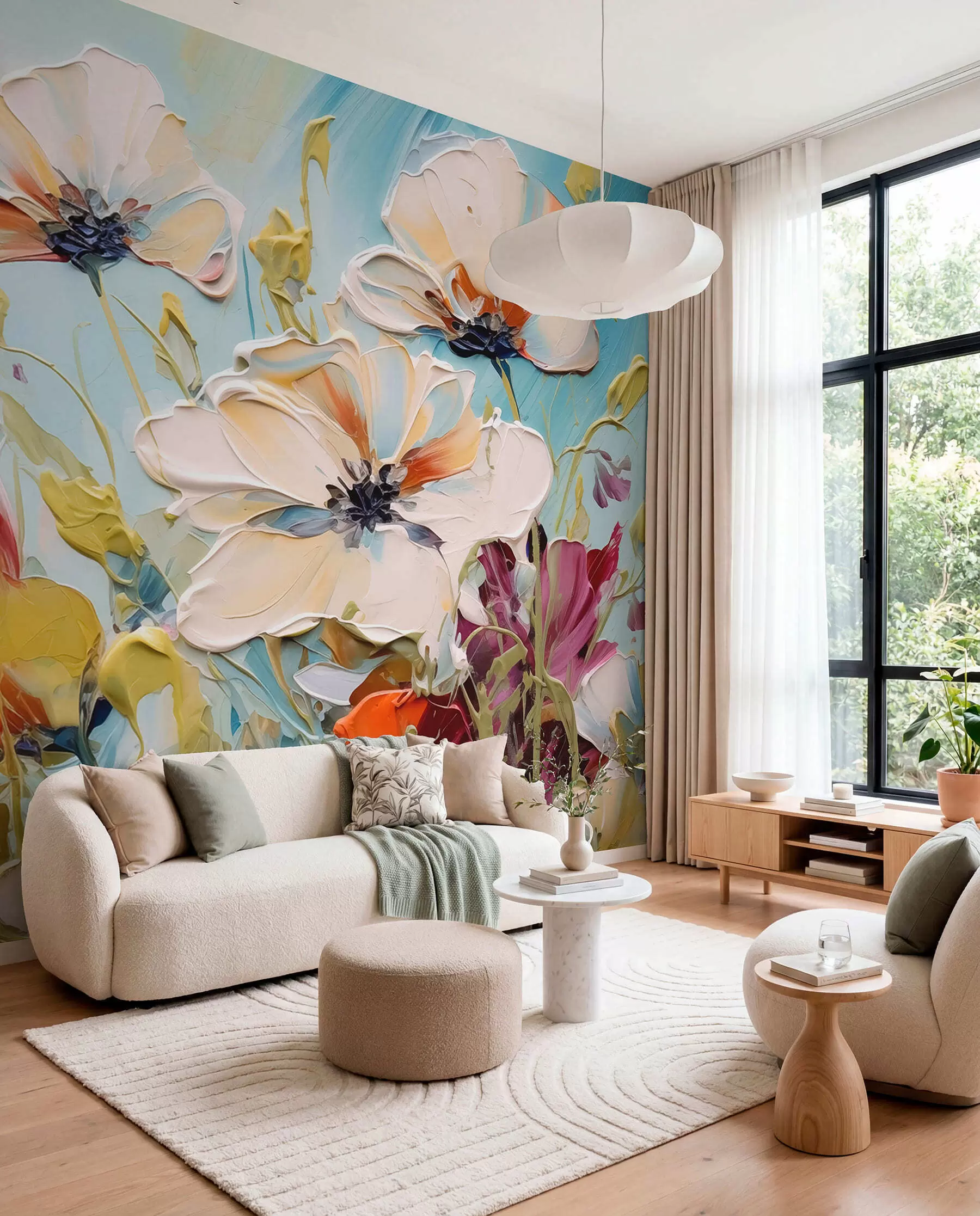 wall murals Abstract white poppies on blue background, imitation of paint strokes w01043