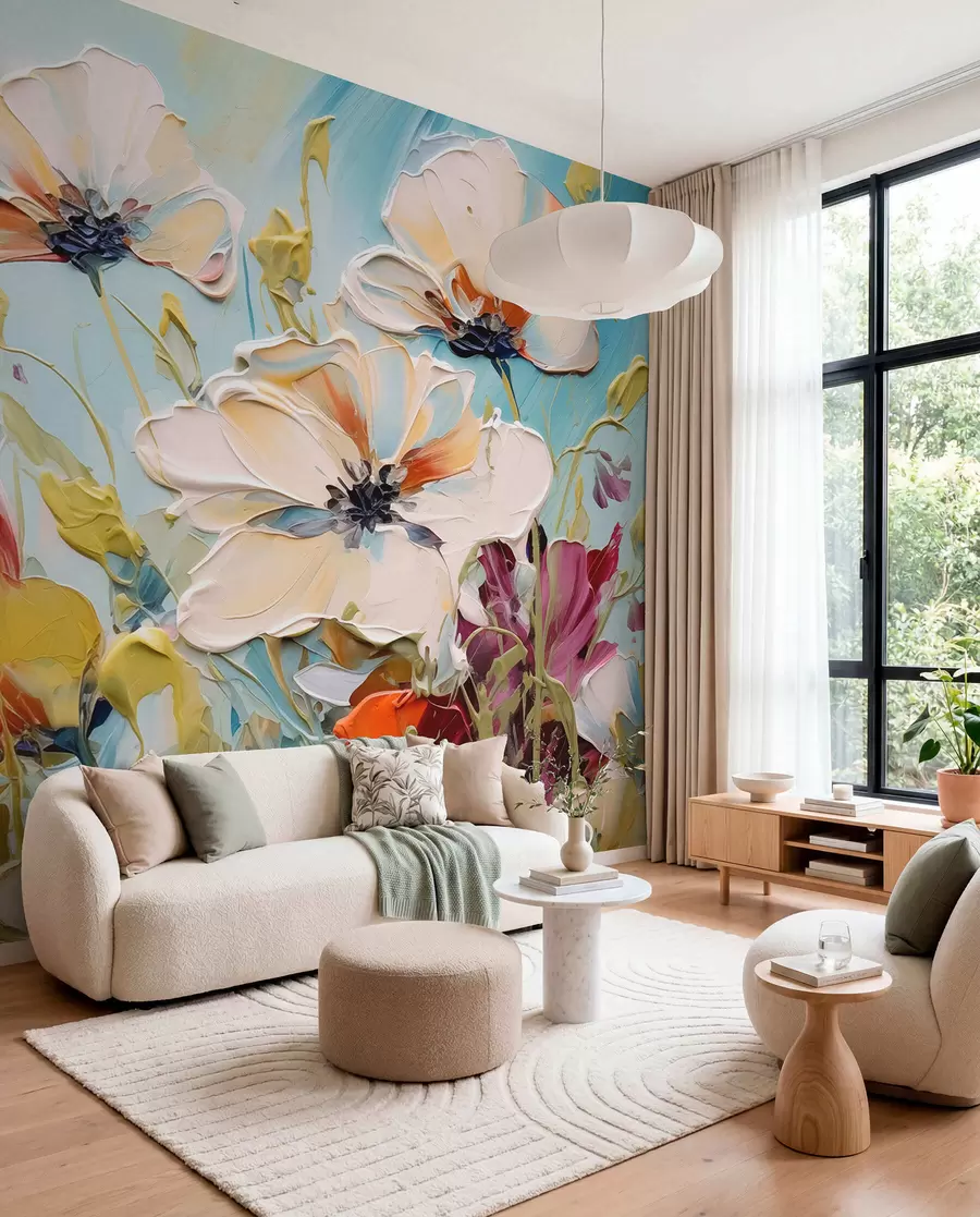 wall murals Abstract white poppies on blue background, imitation of paint strokes w01043